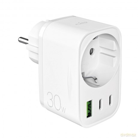 Ładowarka Puro 30W Power Delivery z wtyczką i gniazdem Schuko 2x USB-C + 1x USB-A - biała