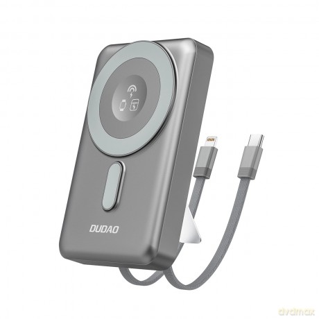 Powerbank Dudao K29 10000mAh PD 20W z MagSafe z metalową obudową, podstawką i wbudowanymi kablami USB-C/Lightning - szary