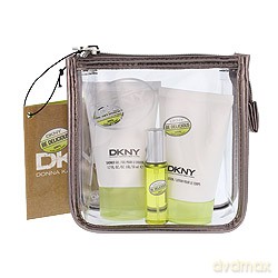 DKNY Be Delicious Women Zestaw - woda perfumowana 7 ml spray + balsam do ciała 50 ml + żel pod prysznic 50 ml + kosmetyczka [PERFUMY]