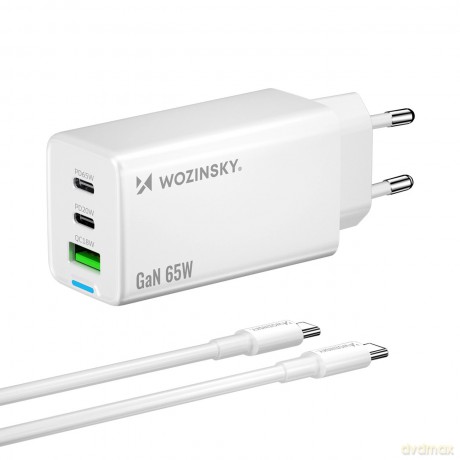 Wozinsky ładowarka GaN 65W z portami USB 2xUSB-C z kabelm C-C 65W - biała