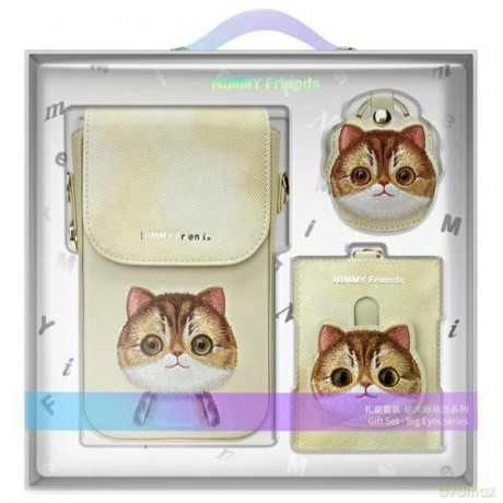 Zestaw Nimmy Big Eyed Pet 2.0 Cat 3w1 torebka na telefon + portfel + etui na lokalizator - beżowy