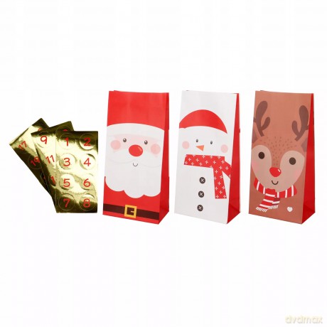 Kalendarz adwentowy torebki 24 szt. + naklejki z cyframi - do uzupełnienia