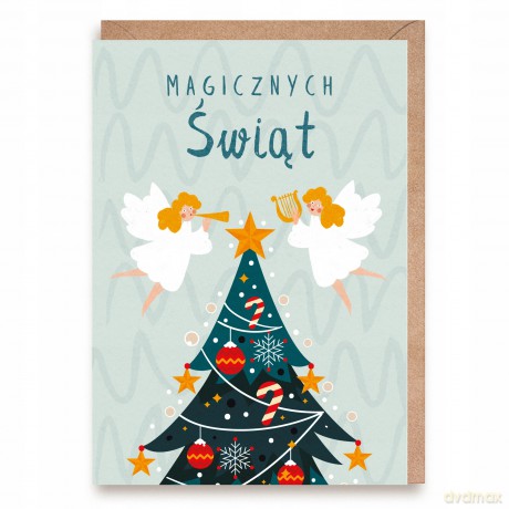 Kartka świąteczna Bożonarodzeniowa z aniołkami i choinką "Magicznych Świąt"