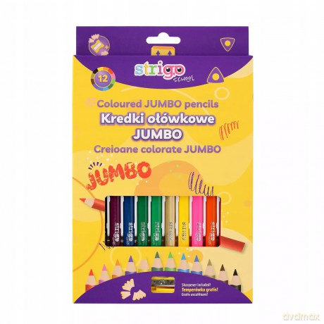 Kredki ołówkowe do szkoły Jumbo trójkątne Strigo 12 kolorów z temperówką
