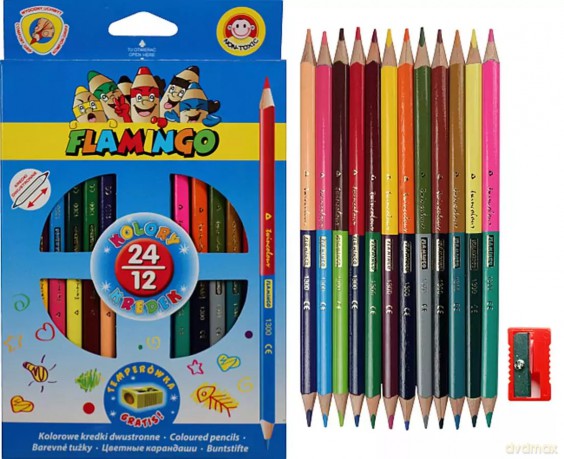 Kredki ołówkowe Dwustronne 12/24 kolory/180 Trójkątne Temperówka Flamingo