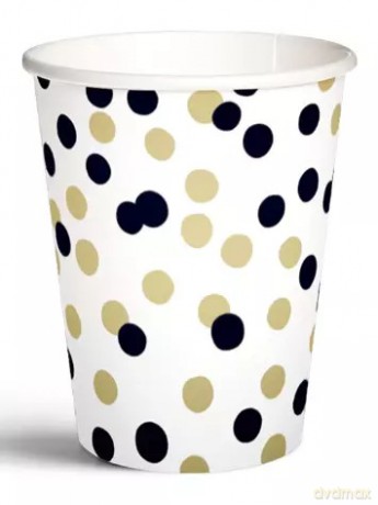Kubki papierowe 250 ml, złoto-czarne confetti (8 sztuk)