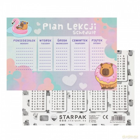 Plan lekcji z tabliczką mnożenia A5, Kapibara (25 sztuk)