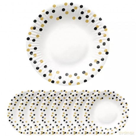 Talerzyki papierowe 18 cm, złoto-czarne confetti (8 sztuk)
