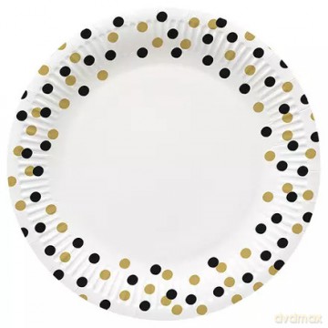 Talerzyki papierowe 23 cm, złoto-czarne confetti (8 sztuk)
