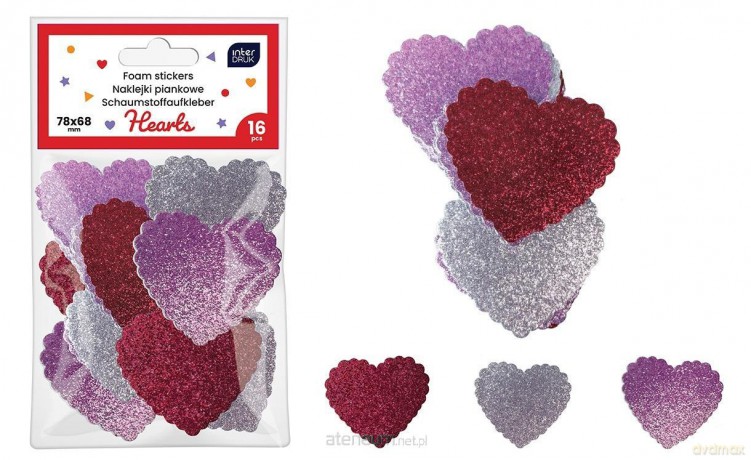 Naklejki brokat piankowe samoprzylep. Hearts 16szt