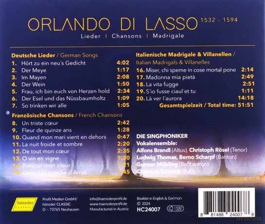 Orlando di Lasso: Chansons,Madrigale,Lieder [CD]