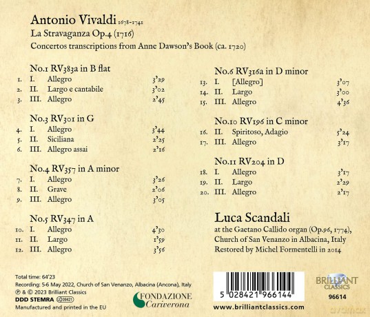 Antonio Vivaldi: Concerti op.4 Nr.1,3-6,10,11 La Stravaganza (Orgeltranskriptionen aus dem Anne Dawson's Book) [CD]