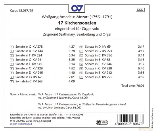 Wolfgang Amadeus Mozart: Kirchensonaten fur Orgel solo [CD]