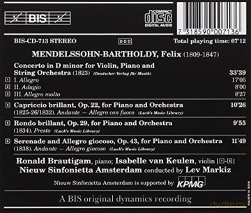 Felix Mendelssohn Bartholdy: Konzert d-moll fur Violine,Klavier,Orchester [CD]