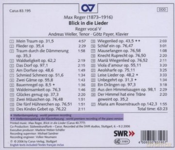 Max Reger: Reger vocal V - Blick in die Lieder (Klavierlieder) [CD]