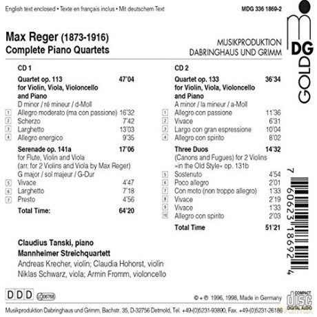 Max Reger: Saemtliche Klavierquartette [2CD]