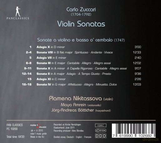 Carlo Zuccari: Sonate a Violino e Basso o Cembalo op.1 (Mailand 1747) [CD]