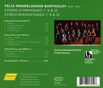 Felix Mendelssohn Bartholdy: Streichersymphonien Nr.7,9,12 [CD]