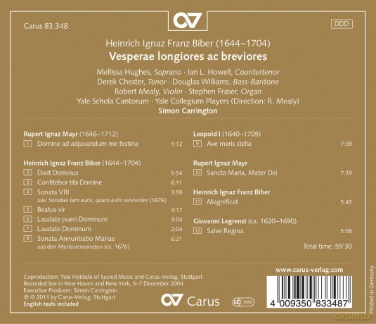 Heinrich Ignaz Biber: Vesperae longiores ac breviores (1693) [CD]