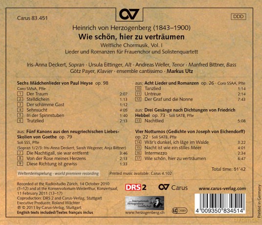 Heinrich von Herzogenberg: Weltliche Chormusik Vol.1 [CD]