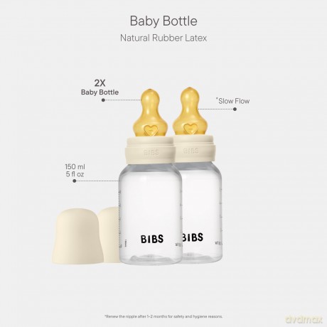 BIBS - Baby Bottle Round Latex 2 Pack Slow Flow - Ivory - 150 ml