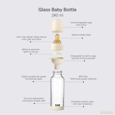 BIBS - Glass Baby Bottle Round Latex Medium Flow - Ivory - 240 ml
