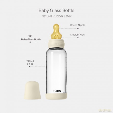 BIBS - Glass Baby Bottle Round Latex Medium Flow - Ivory - 240 ml