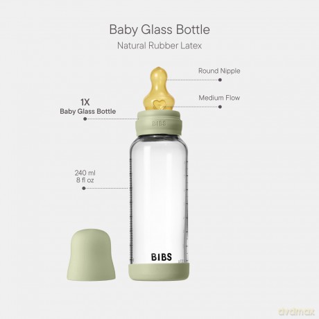 BIBS - Glass Baby Bottle Round Latex Medium Flow - Sage - 240 ml