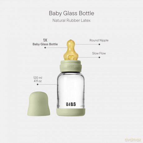 BIBS - Glass Baby Bottle Round Latex Slow Flow - Sage - 120 ml