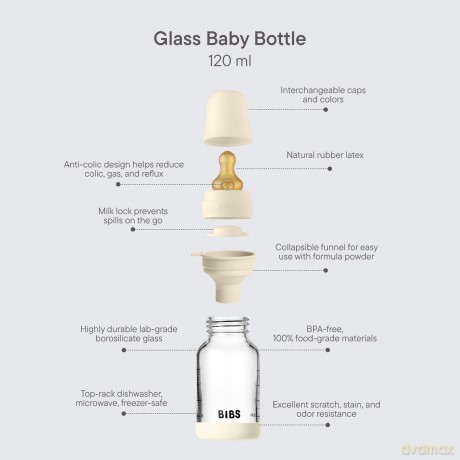 BIBS - Glass Baby Bottle Round Latex Slow Flow - Sage - 120 ml