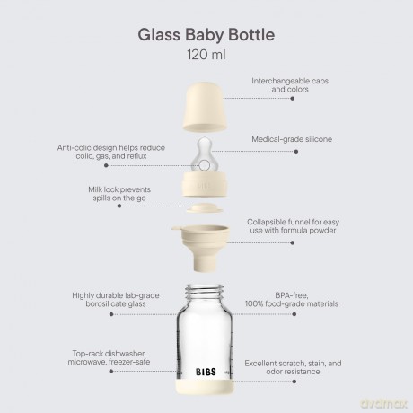 BIBS - Glass Baby Bottle Round Silicone 1 pack 120 ml Slow Flow - Ivory - 120 ml