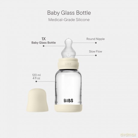 BIBS - Glass Baby Bottle Round Silicone 1 pack 120 ml Slow Flow - Ivory - 120 ml