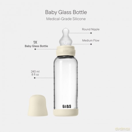 BIBS - Glass Baby Bottle Round Silicone Medium Flow - Ivory - 240 ml