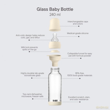 BIBS - Glass Baby Bottle Round Silicone Medium Flow - Ivory - 240 ml