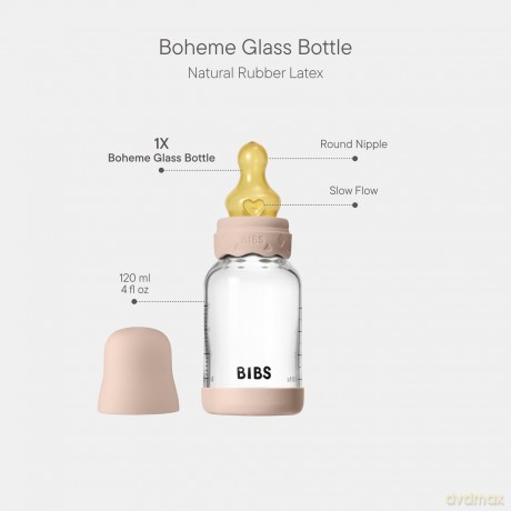 BIBS - Glass Boheme Baby Bottle Round Latex - Blush - 120 ml