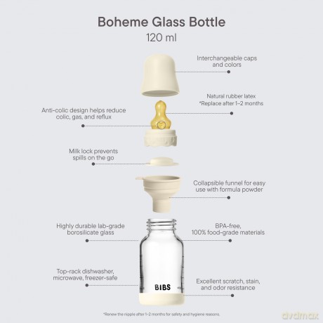 BIBS - Glass Boheme Baby Bottle Round Latex - Blush - 120 ml
