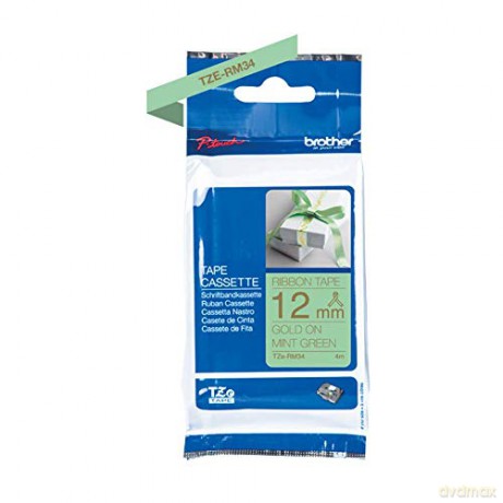 Brother - TZe-RM34 prints gold text on mint green 12mm satin ribbon