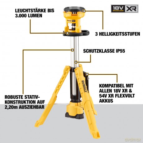 DEWALT DCL079-XJ 18V XR Body Only LED Tripod Light, 18 V, Yellow/Black