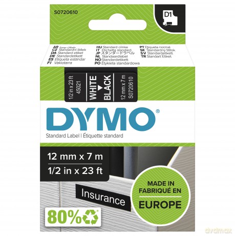 Dymo - D1 Tape - White on Black - 12mm x 7m