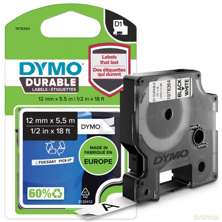 Dymo - DYMOÂŽ D1ÂŽ Durable Tape - Black on White - 12mm x 5.5m