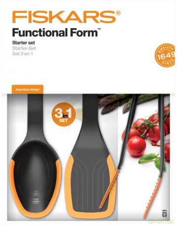 Fiskars - FunctionalForm Kitchen Set of 3 Pieces - Palette, Spoon & Tongs - Essential Cooking Utensil Kit