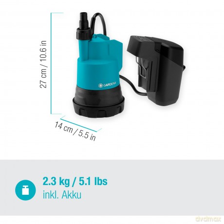 Gardena Battery-powered submersible pump for clean water 2000/2 18V, set.