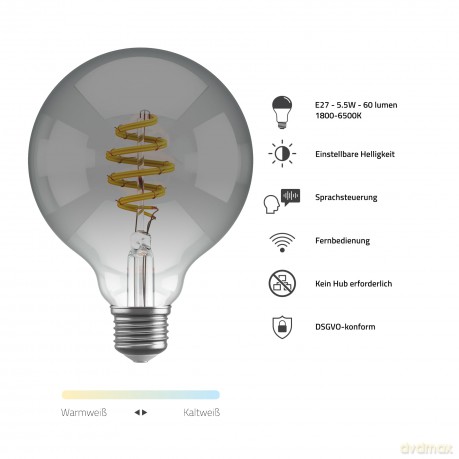 Hombli - Smart Bulb G95 CCT Filament (E27) - Smokey