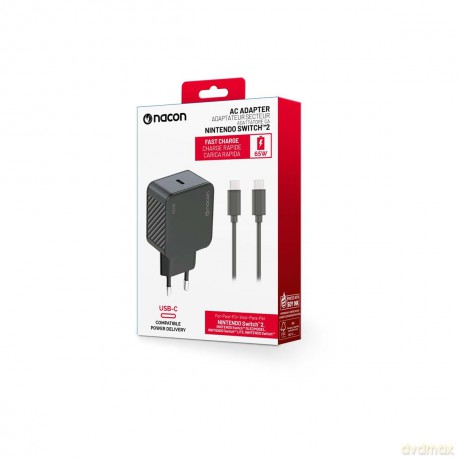 Nacon - 65W AC-adapter til Nintendo Switch II - 65W Ladeeffekt - Aftageligt 1,5 m USB-C Kabel (Sort)