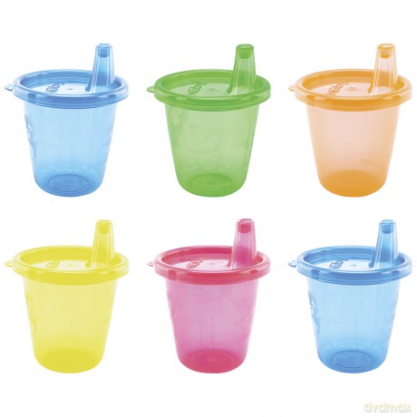 Nuby - 6P Cup Set With Free Flow Spout - Brightly Colored - 210ml + 9 m