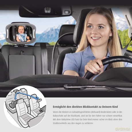 Reer - BabyView Car Mirror with Light - Grey - 29 x 8 x 24 cm