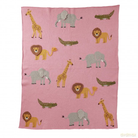 Rice - Knitted Baby Blanket with Animals and 3D Details - Pink