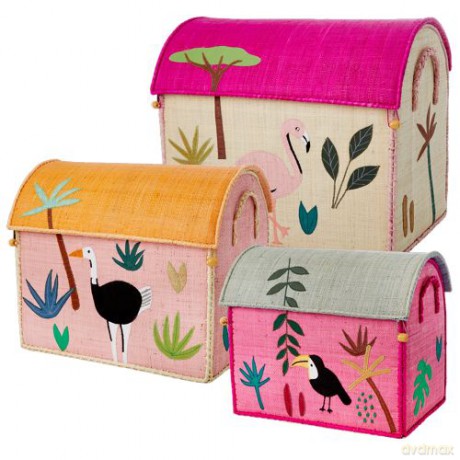 Rice - Large Set of 3 Toy Baskets Pink Jungle Theme