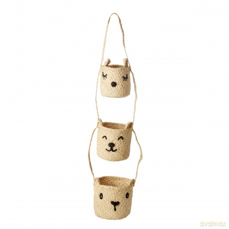 Rice - Raffia 3-Tier Hanging Storage with Animal Faces - Natural