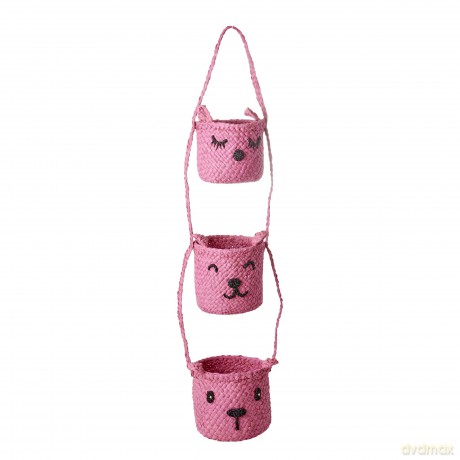Rice - Raffia 3-Tier Hanging Storage with Animal Faces - Pink